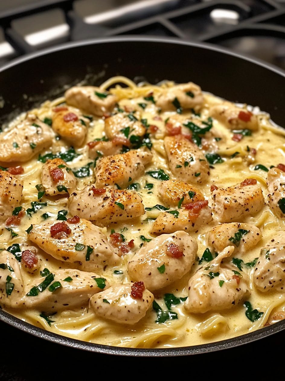 One-Pan Sweet & Smoky Chicken Spinach Bacon Alfredo