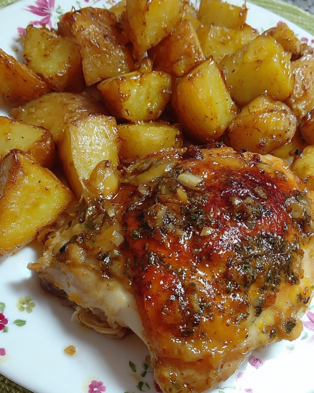Herb Butter Roasted Chicken Thighs with Crispy Garlic Potatoes